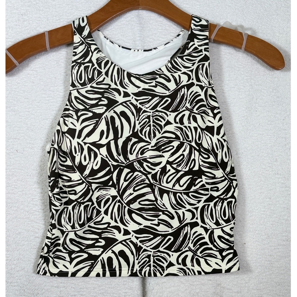 Lands End High Neck Tankini Top 10 Brown Cream Monstera Palm Leaf Swim 547962